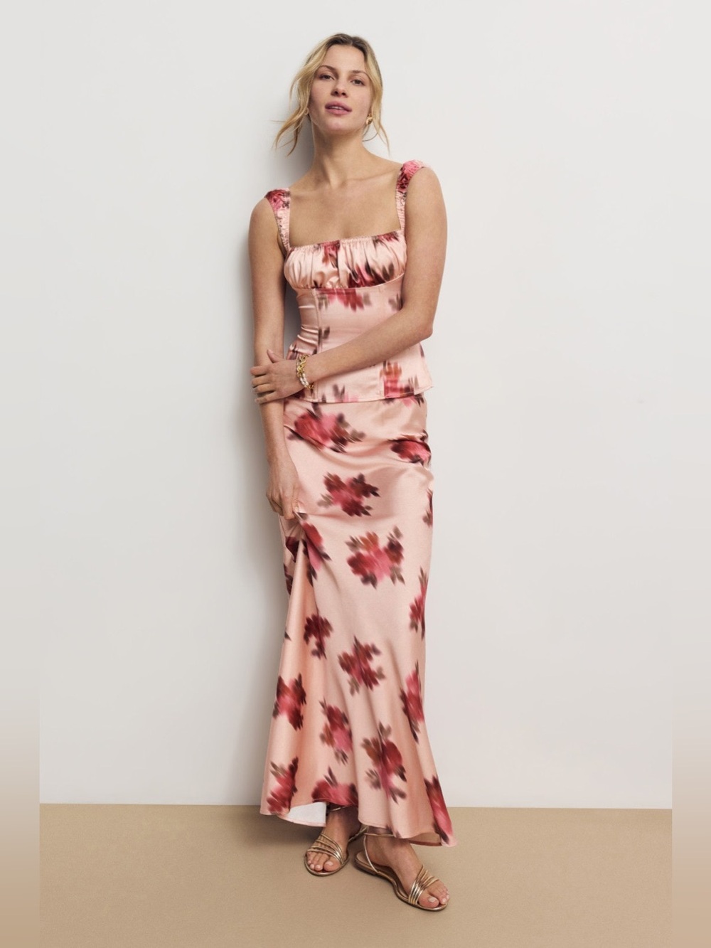 WeWoreWhat Pink and Blush Satin Floral Top & Slip Skirt Size 6